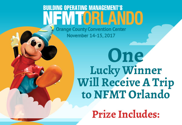 NFMT Orlando<br>
                                                        Orange County Convention Center<br>
November 14-15, 2017<br>
One Lucky Winner Will Receive A Trip to NFMT Orlando<br>
<br>
Prize Includes: